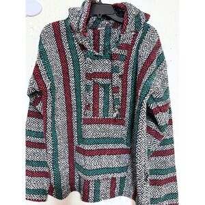 El Paso Woven Baja Hoodie Red Green Black Geometric Pullover‎ Jerga Jacket